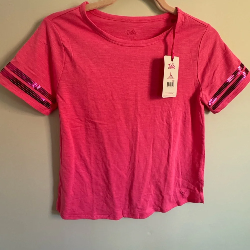 NWT Justice hot Pink Sequin Sleeve jersey style T-Shirt size large 12/14